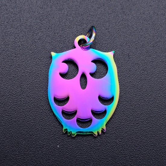 Bild von Edelstahl Halloween Charms Eule Bunt Mond Hohl 24mm x 13.5mm, 5 Stück
