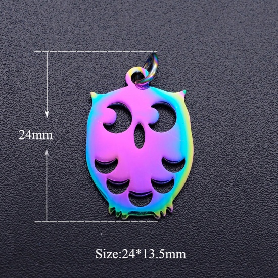 Bild von Edelstahl Halloween Charms Eule Bunt Mond Hohl 24mm x 13.5mm, 5 Stück