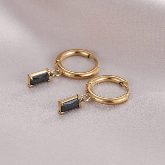 Imagen de Titanio Acero Estilo Ins Aretes de Aro Chapado en Oro de 14K Ronda Rectángulo Negro Circón Artificial 25mm, 1 Par