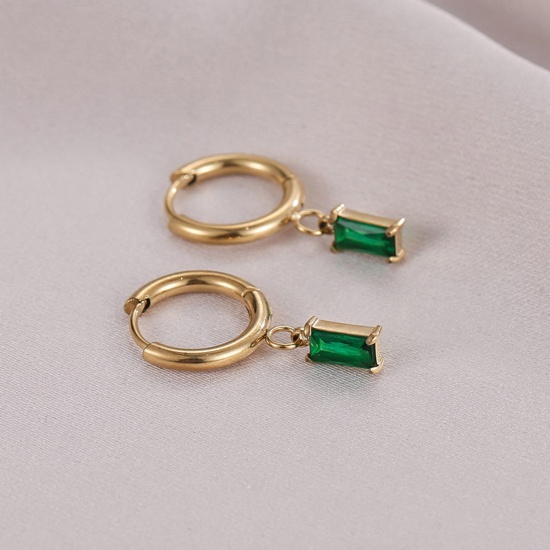 Imagen de Titanio Acero Estilo Ins Aretes de Aro Chapado en Oro de 14K Ronda Rectángulo Verde Circón Artificial 25mm, 1 Par