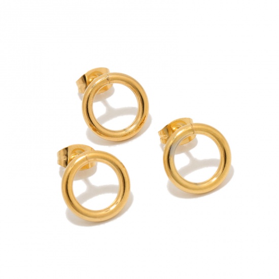 Picture of Stainless Steel Ear Post Stud Earrings Circle Ring 18K Gold Color 14mm Dia., Post/ Wire Size: (20 gauge), 1 Piece
