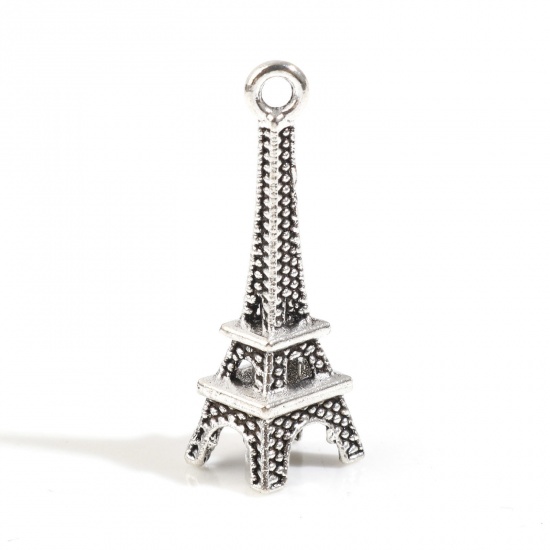 Picture of Zinc Based Alloy Travel Charms Antique Silver Color Eiffel Tower 3D 24mm x 8mm, 50 PCs