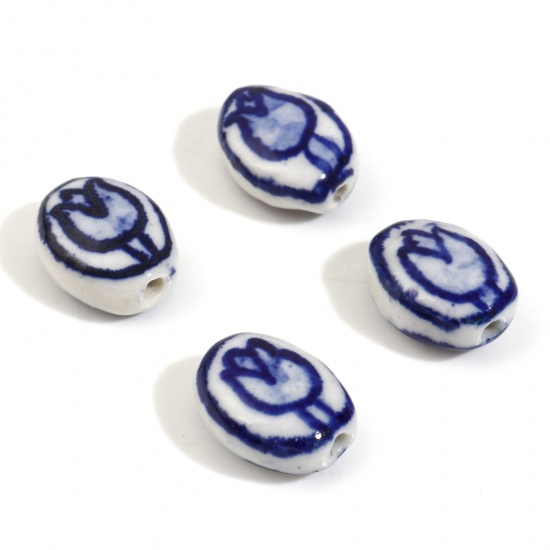 Picture of Ceramic Flora Collection Beads Oval Blue Tulip Flower About 14mm x 11mm, Hole: Approx 1.6mm, 5 PCs