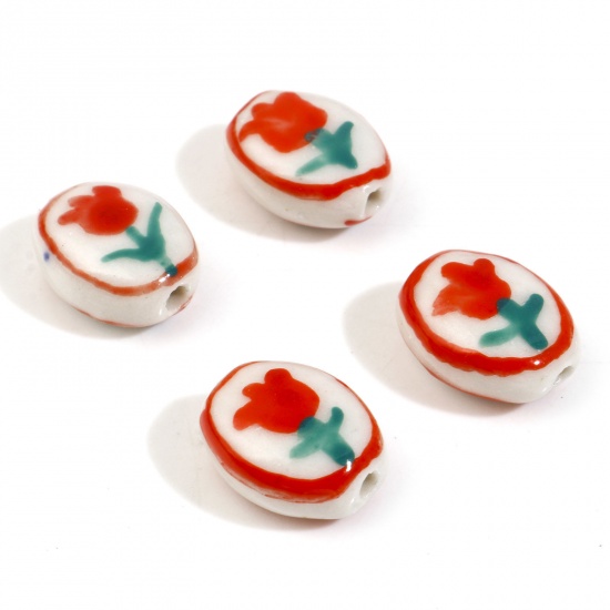 Picture of Ceramic Flora Collection Beads Oval Red Tulip Flower About 14mm x 11mm, Hole: Approx 1.6mm, 5 PCs