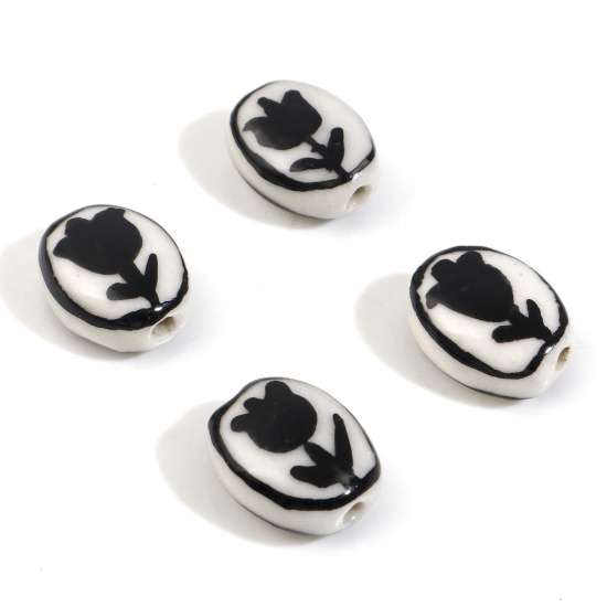 Picture of Ceramic Flora Collection Beads Oval Black Tulip Flower About 14mm x 11mm, Hole: Approx 1.6mm, 5 PCs