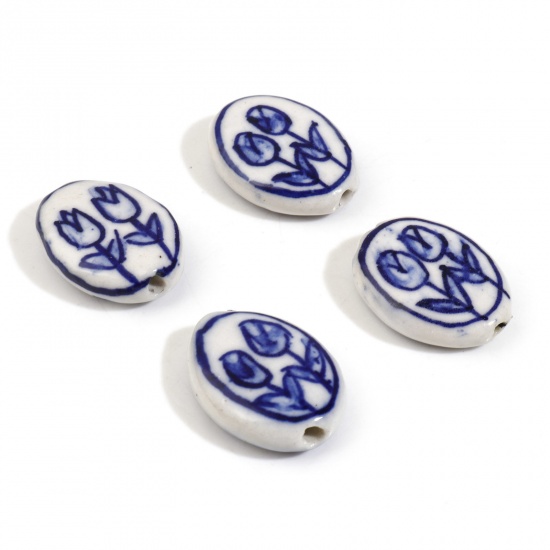 Picture of Ceramic Flora Collection Beads Oval Blue Tulip Flower About 21mm x 16mm, Hole: Approx 1.6mm, 5 PCs