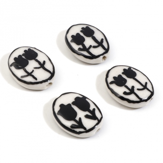 Picture of Ceramic Flora Collection Beads Oval Black Tulip Flower About 21mm x 16mm, Hole: Approx 1.6mm, 5 PCs
