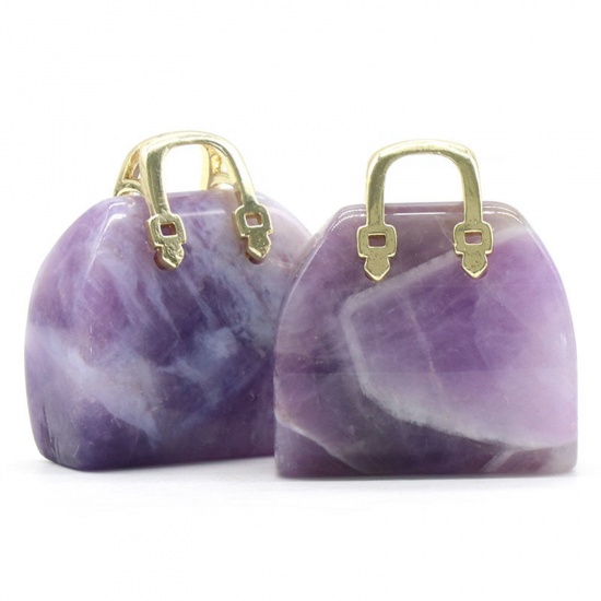 Picture of Amethyst ( Natural ) Ins Style Charms Gold Plated Purple Handbag 27mm x 25mm, 1 Piece