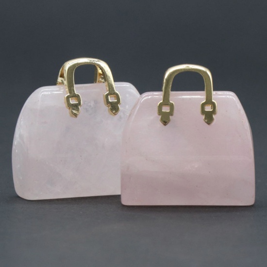 Picture of Rose Quartz ( Natural ) Ins Style Charms Gold Plated Light Pink Handbag 27mm x 25mm, 1 Piece