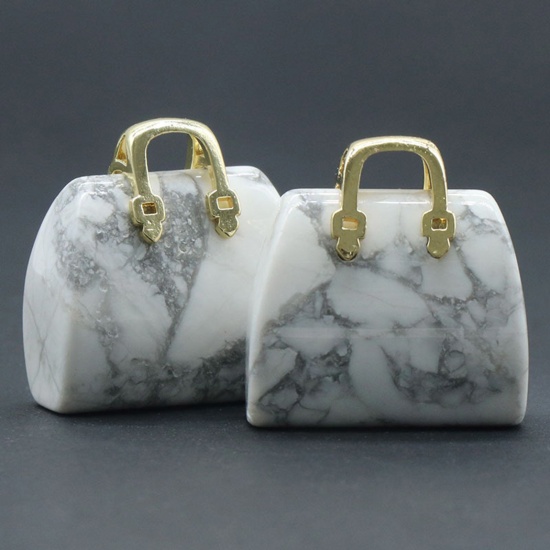 Picture of Howlite ( Synthetic ) Ins Style Charms Gold Plated White Handbag 27mm x 25mm, 1 Piece