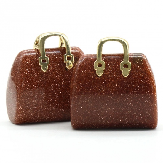 Picture of Gold Sand Stone ( Synthetic ) Ins Style Charms Gold Plated Dark Red Handbag 27mm x 25mm, 1 Piece
