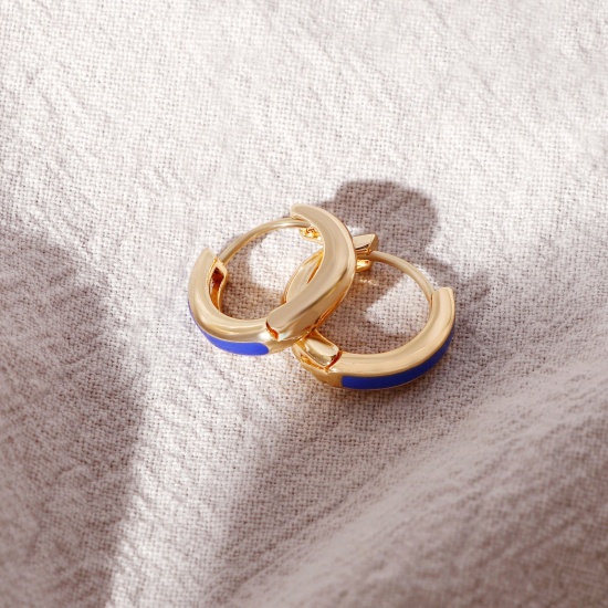 Immagine di 2 Pz Ecologico Elegante Squisito 18K Vero Oro Placcato Blu Marino Ottone Smalto Orecchini Circolari Per Donne Regalo 12mm x 11mm, Posta / Filo Dimensione: 0.8mm(20 misura)
