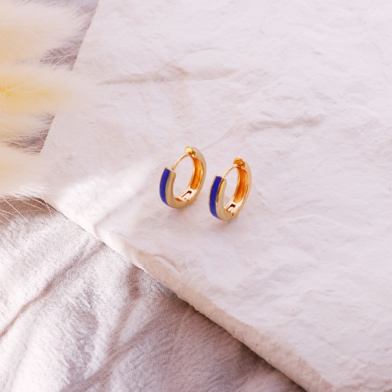 Immagine di 2 Pz Ecologico Elegante Squisito 18K Vero Oro Placcato Blu Marino Ottone Smalto Orecchini Circolari Per Donne Regalo 12mm x 11mm, Posta / Filo Dimensione: 0.8mm(20 misura)