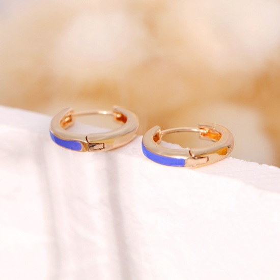 Immagine di 2 Pz Ecologico Elegante Squisito 18K Vero Oro Placcato Blu Marino Ottone Smalto Orecchini Circolari Per Donne Regalo 12mm x 11mm, Posta / Filo Dimensione: 0.8mm(20 misura)