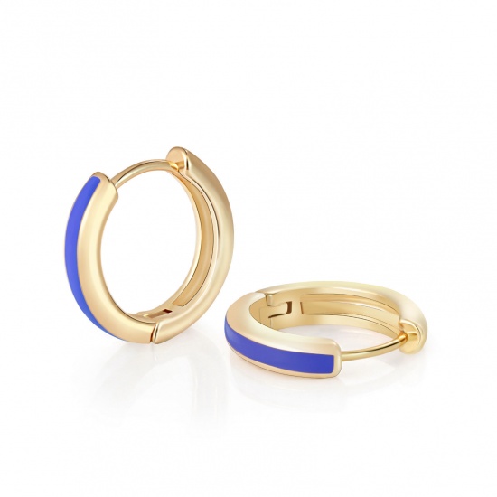 Immagine di 2 Pz Ecologico Elegante Squisito 18K Vero Oro Placcato Blu Marino Ottone Smalto Orecchini Circolari Per Donne Regalo 14mm x 13mm, Posta / Filo Dimensione: 0.8mm(20 misura)