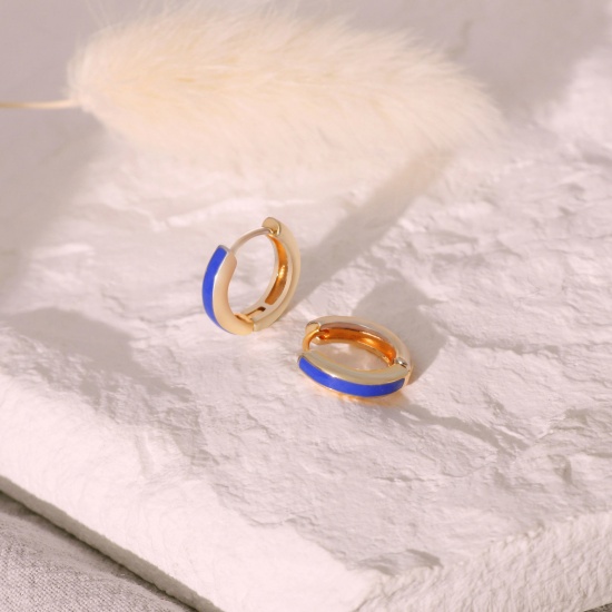 Immagine di 2 Pz Ecologico Elegante Squisito 18K Vero Oro Placcato Blu Marino Ottone Smalto Orecchini Circolari Per Donne Regalo 14mm x 13mm, Posta / Filo Dimensione: 0.8mm(20 misura)