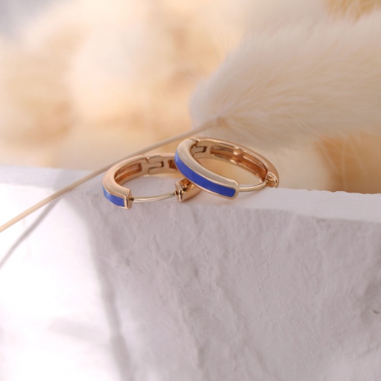 Immagine di 2 Pz Ecologico Elegante Squisito 18K Vero Oro Placcato Blu Marino Ottone Smalto Orecchini Circolari Per Donne Regalo 14mm x 13mm, Posta / Filo Dimensione: 0.8mm(20 misura)