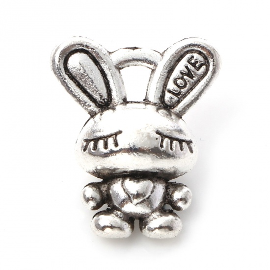 Picture of Zinc Based Alloy Charms Antique Silver Color Rabbit Animal 3D 17mm x 14mm, 20 PCs