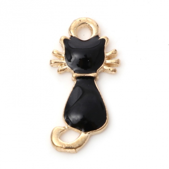 Picture of Zinc Based Alloy Charms Gold Plated Black Cat Animal Enamel 21mm x 11mm, 10 PCs