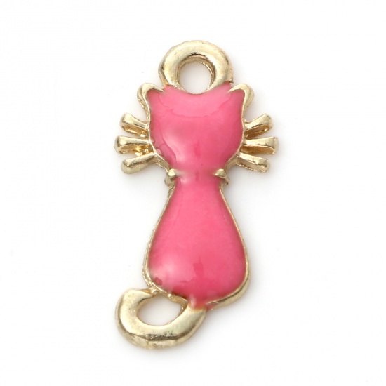 Picture of Zinc Based Alloy Charms Gold Plated Fuchsia Cat Animal Enamel 21mm x 11mm, 10 PCs