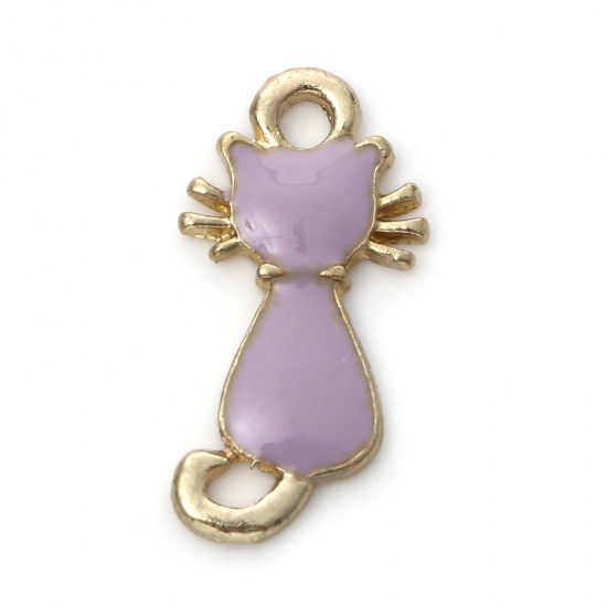 Picture of Zinc Based Alloy Charms Gold Plated Purple Cat Animal Enamel 21mm x 11mm, 10 PCs