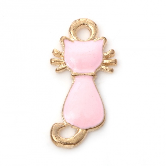 Picture of Zinc Based Alloy Charms Gold Plated Pink Cat Animal Enamel 21mm x 11mm, 10 PCs