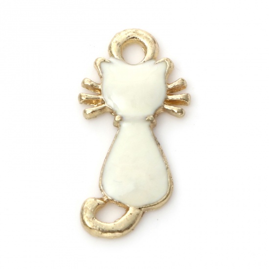 Picture of Zinc Based Alloy Charms Gold Plated White Cat Animal Enamel 21mm x 11mm, 10 PCs