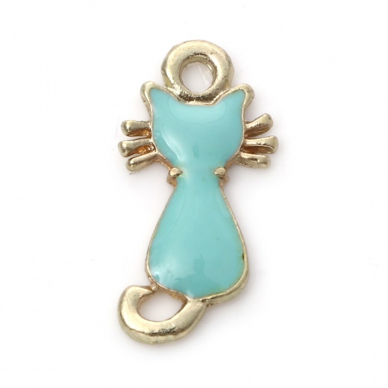 Picture of Zinc Based Alloy Charms Gold Plated Green Blue Cat Animal Enamel 21mm x 11mm, 10 PCs
