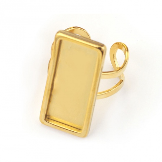Picture of 1 Piece 304 Stainless Steel Open Adjustable Rings 18K Gold Color Rectangle Cabochon Settings (Fits 25mmx10mm) 17.3mm(US Size 7)