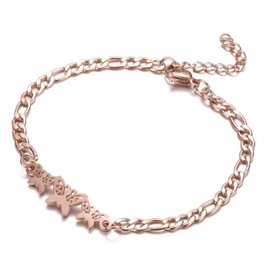 Picture of 304 Stainless Steel Stylish 3:1 Figaro Link Chain Bracelets Rose Gold Butterfly 16cm(6 2/8") long, 1 Piece