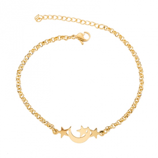 Picture of 304 Stainless Steel Stylish Rolo Chain Bracelets Gold Plated Star Moon 16cm(6 2/8") long, 1 Piece