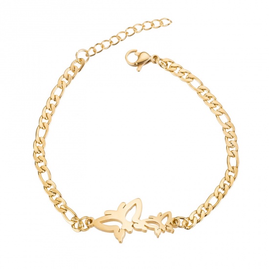 Picture of 304 Stainless Steel Stylish 3:1 Figaro Link Chain Bracelets Gold Plated Butterfly 16cm(6 2/8") long, 1 Piece