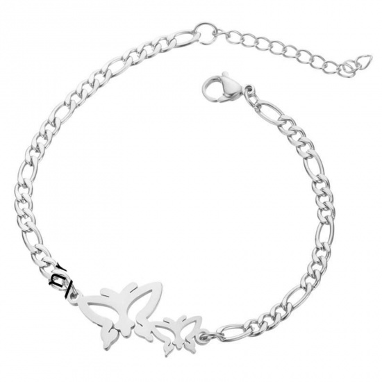 Picture of 304 Stainless Steel Stylish 3:1 Figaro Link Chain Bracelets Silver Tone Butterfly 16cm(6 2/8") long, 1 Piece