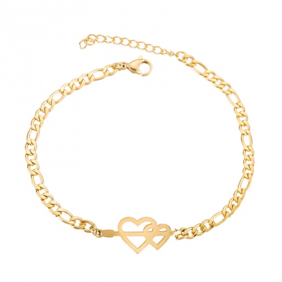 Picture of 304 Stainless Steel Stylish 3:1 Figaro Link Chain Bracelets Gold Plated Heart 16cm(6 2/8") long, 1 Piece