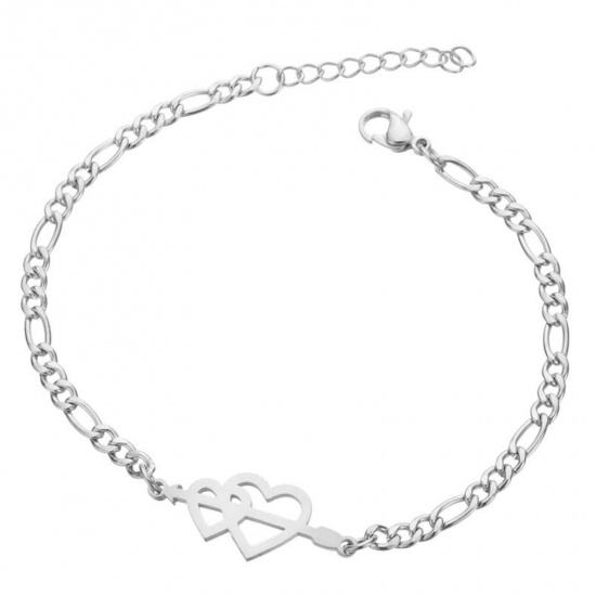 Picture of 304 Stainless Steel Stylish 3:1 Figaro Link Chain Bracelets Silver Tone Heart 16cm(6 2/8") long, 1 Piece