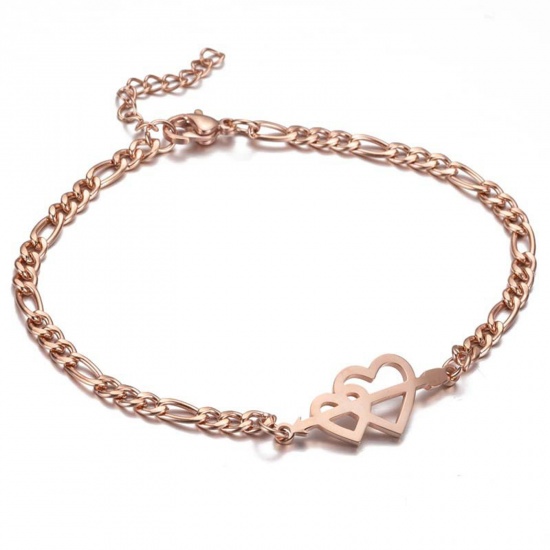 Picture of 304 Stainless Steel Stylish 3:1 Figaro Link Chain Bracelets Rose Gold Heart 16cm(6 2/8") long, 1 Piece