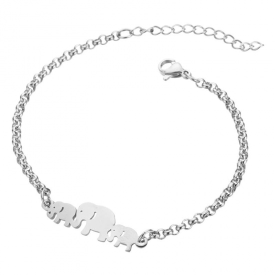 Picture of 304 Stainless Steel Stylish Rolo Chain Bracelets Silver Tone Elephant 16cm(6 2/8") long, 1 Piece