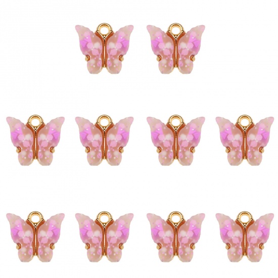 Picture of Zinc Based Alloy & Acrylic Charms Gold Plated Pink Butterfly Animal Sequins 14mm x 12mm, 10 PCs