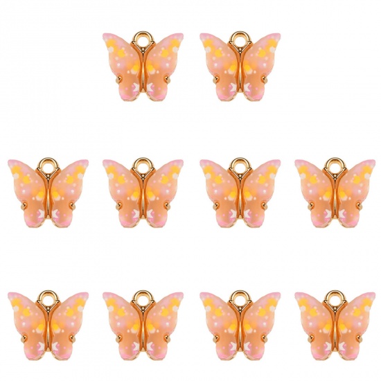 Picture of Zinc Based Alloy & Acrylic Charms Gold Plated Orange Butterfly Animal Sequins 14mm x 12mm, 10 PCs