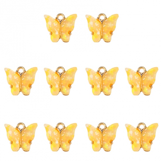 Picture of Zinc Based Alloy & Acrylic Charms Gold Plated Yellow Butterfly Animal Sequins 14mm x 12mm, 10 PCs