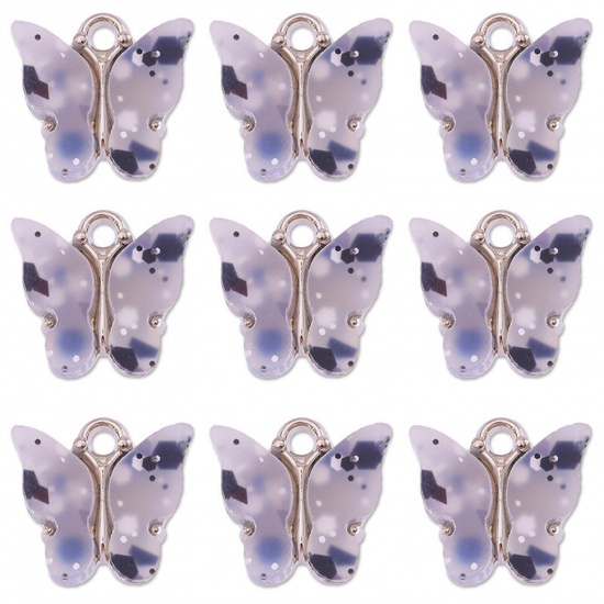 Picture of Zinc Based Alloy & Acrylic Charms Silver Tone Black Butterfly Animal Sequins 14mm x 12mm, 10 PCs