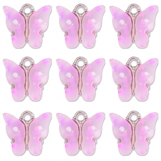 Picture of Zinc Based Alloy & Acrylic Charms Silver Tone Purple Butterfly Animal Sequins 14mm x 12mm, 10 PCs