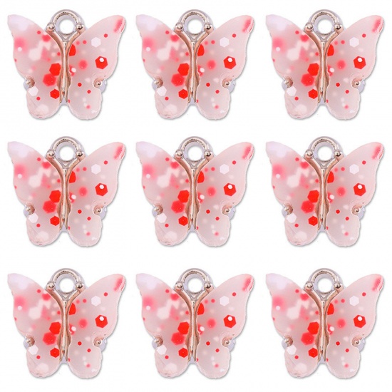 Picture of Zinc Based Alloy & Acrylic Charms Silver Tone Red Butterfly Animal Sequins 14mm x 12mm, 10 PCs