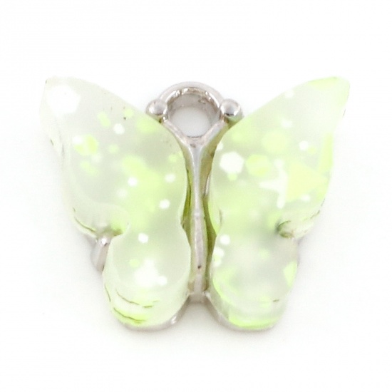 Picture of Zinc Based Alloy & Acrylic Charms Silver Tone Pale Yellow Butterfly Animal Sequins 14mm x 12mm, 10 PCs