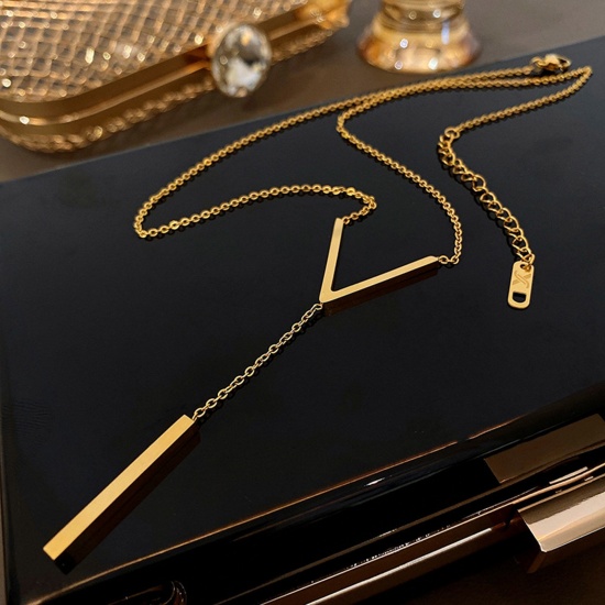 Immagine di Acciaio al titanio Stile Ins Cavo Catena Collana Placcato Oro 18K Forma a V Nappine 41cm Lunghezza, 1 Pz
