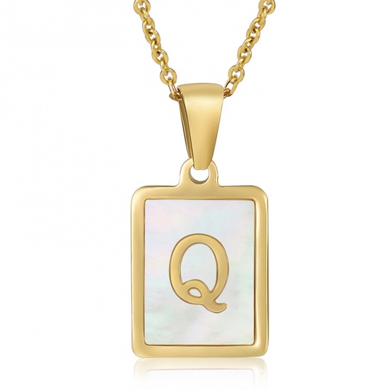 Picture of 304 Stainless Steel & Shell Ins Style Link Cable Chain Necklace 18K Gold Color White Rectangle Initial Alphabet/ Capital Letter Message " Q " 45cm(17 6/8") long, 1 Piece