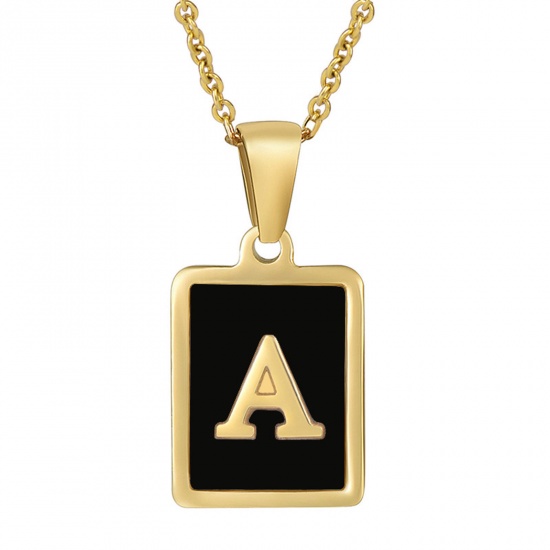 Picture of 304 Stainless Steel & Shell Ins Style Link Cable Chain Necklace 18K Gold Color Black Rectangle Initial Alphabet/ Capital Letter Message " A " 45cm(17 6/8") long, 1 Piece