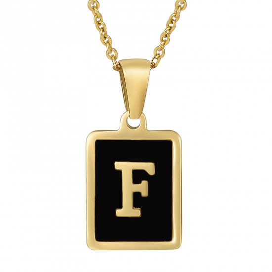 Picture of 304 Stainless Steel & Shell Ins Style Link Cable Chain Necklace 18K Gold Color Black Rectangle Initial Alphabet/ Capital Letter Message " F " 45cm(17 6/8") long, 1 Piece