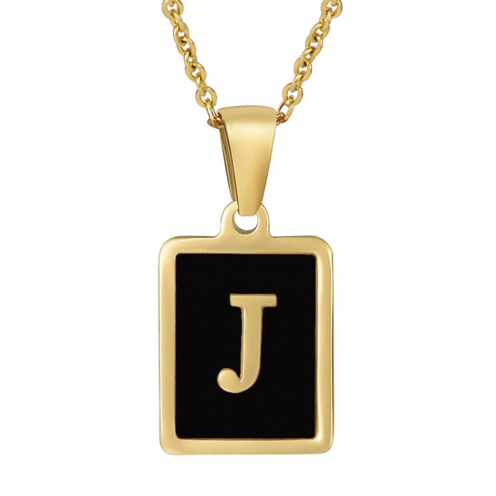 Picture of 304 Stainless Steel & Shell Ins Style Link Cable Chain Necklace 18K Gold Color Black Rectangle Initial Alphabet/ Capital Letter Message " J " 45cm(17 6/8") long, 1 Piece