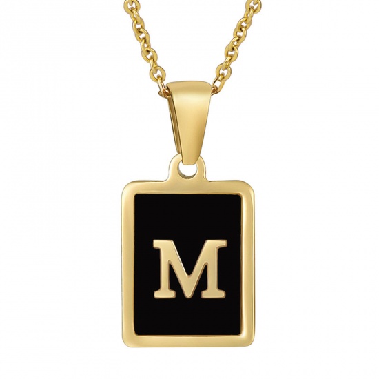 Picture of 304 Stainless Steel & Shell Ins Style Link Cable Chain Necklace 18K Gold Color Black Rectangle Initial Alphabet/ Capital Letter Message " M " 45cm(17 6/8") long, 1 Piece